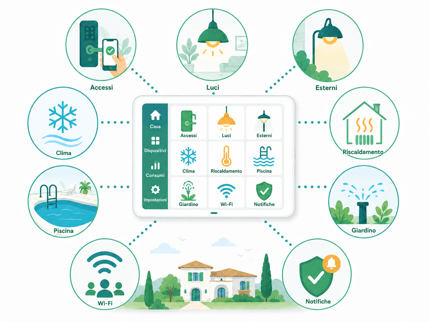 Schema grafico stilizzato di un ecosistema domotico per struttura ricettiva con Wi-Fi, riscaldamento, climatizzazione, luci, sicurezza, piscina e giardino.