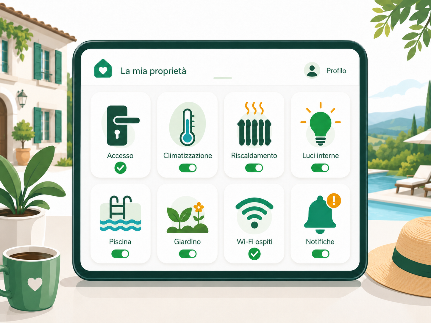 Illustrazione stilizzata di un pannello di controllo per accessi, clima, luci, piscina, giardino e Wi-Fi in una struttura ricettiva.